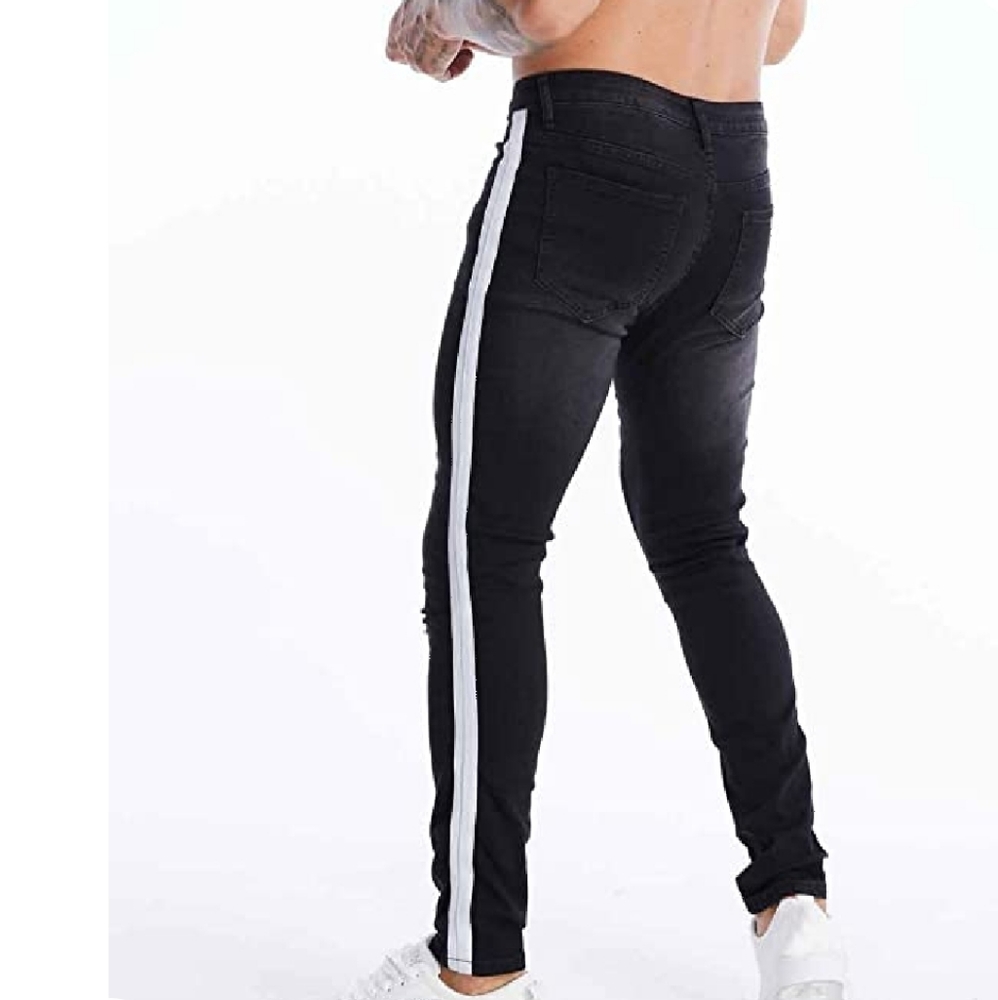Mens Skinny Slim Black Jeans w White Stripe - Picture 3 of 9